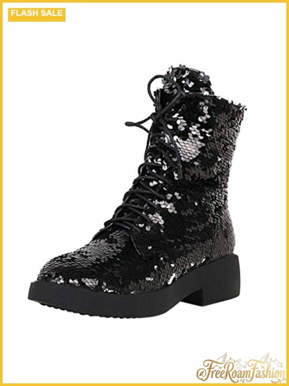 Glitter Lace Up Combat Boots Chunky Heel Sequin Ankle Booties